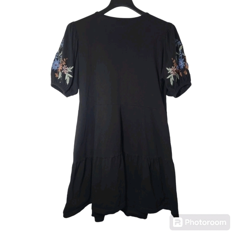 ASOS Black Embroidered Puff Sleeve Wrap Mini Dress Size 14 - Picture 2 of 12